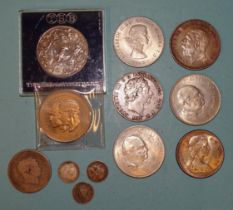 A George III 1820 crown, 1819 half-crown, a Victoria 1838 fourpence and other later coins.