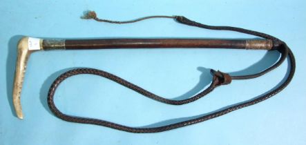 A silver-mounted hunting whip, the leather-covered shaft with antler handle and woven leather