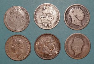 Two George III shillings: 1816 and 1817, with four George IV shillings: 1824, 1825 x 2 and 1826, (