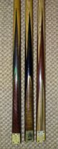 A collection of three snooker cues: "Sydney Smith Champion Cue 1947/48" 16oz, 56½'', "Horace Lindrum