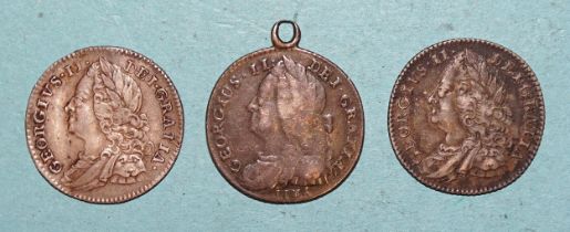 Three George II sixpences: 1745 "Lima" below bust (with pendant hoop attached), 1750 and 1757, (3).
