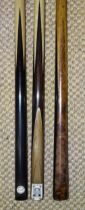 A collection of three snooker cues: Orme & Sons Manchester "Plume of Feathers" cue, with face-