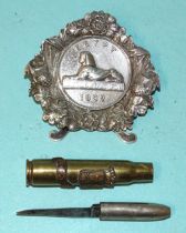 An Egypt 1882 medal, (inscription unreadable), set into a silver menu holder, Birmingham 1897 and