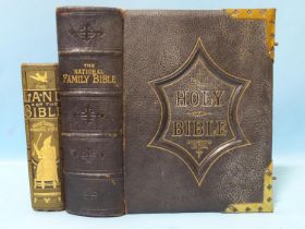 The National Family Bible, brass-bound with clasps, plts, ge, mor gt, 4to, n.d, and a commentary, (