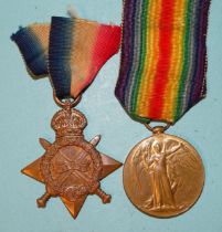 A WWI pair: 1914-1915 Star and Victory medal awarded to 1218 Dr W F Hoar RGA, (RA on Victory medal),