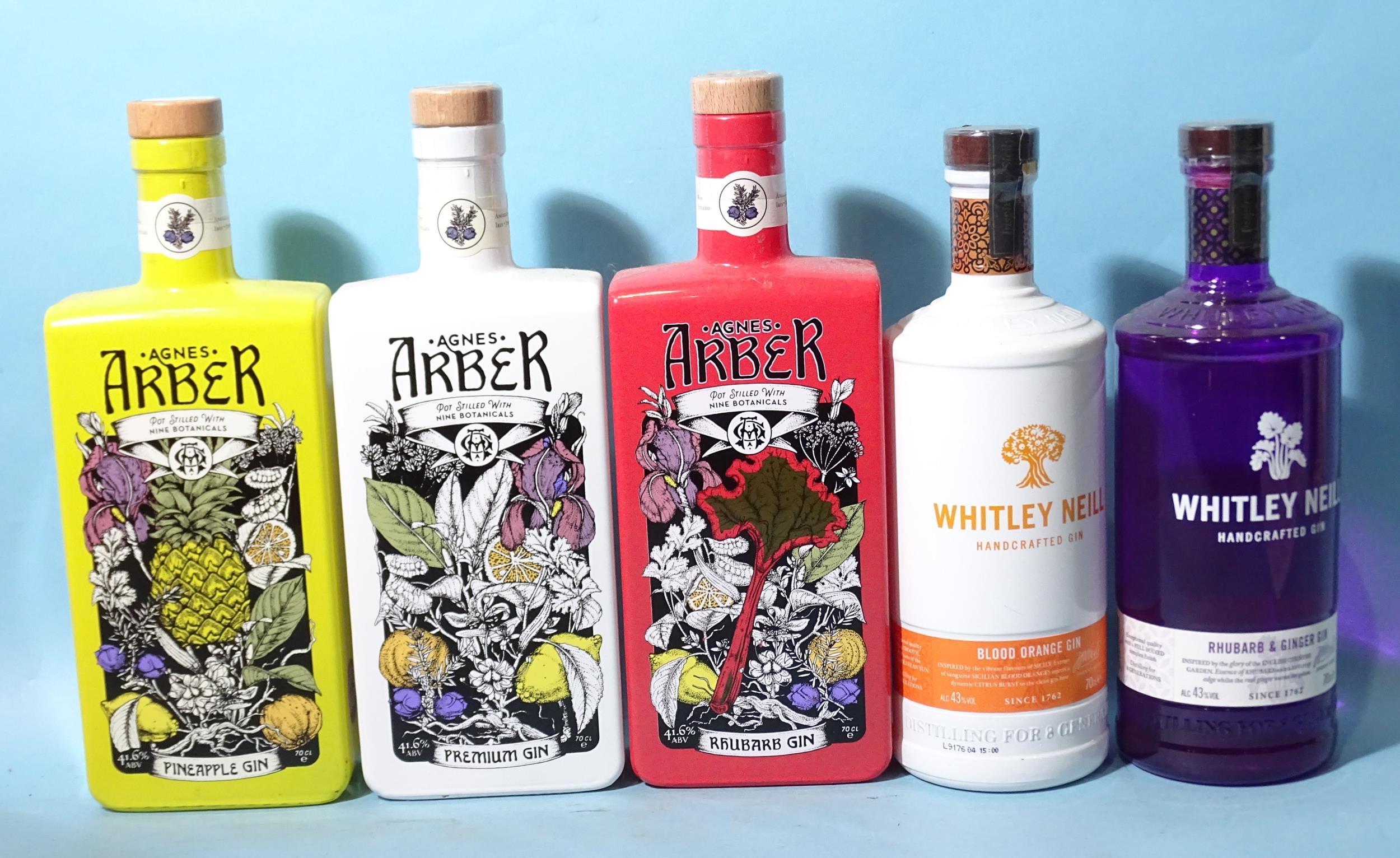 Agnes Amber Gin: Rhubarb (x1), Pineapple (x1) and Premium (x1), 41.6%, 70cl, also Whitley Neill Gin: