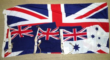 A printed Union Jack, 90 x 186cm, two printed Zephyr racing pennants 47 x 94cm and a stitched