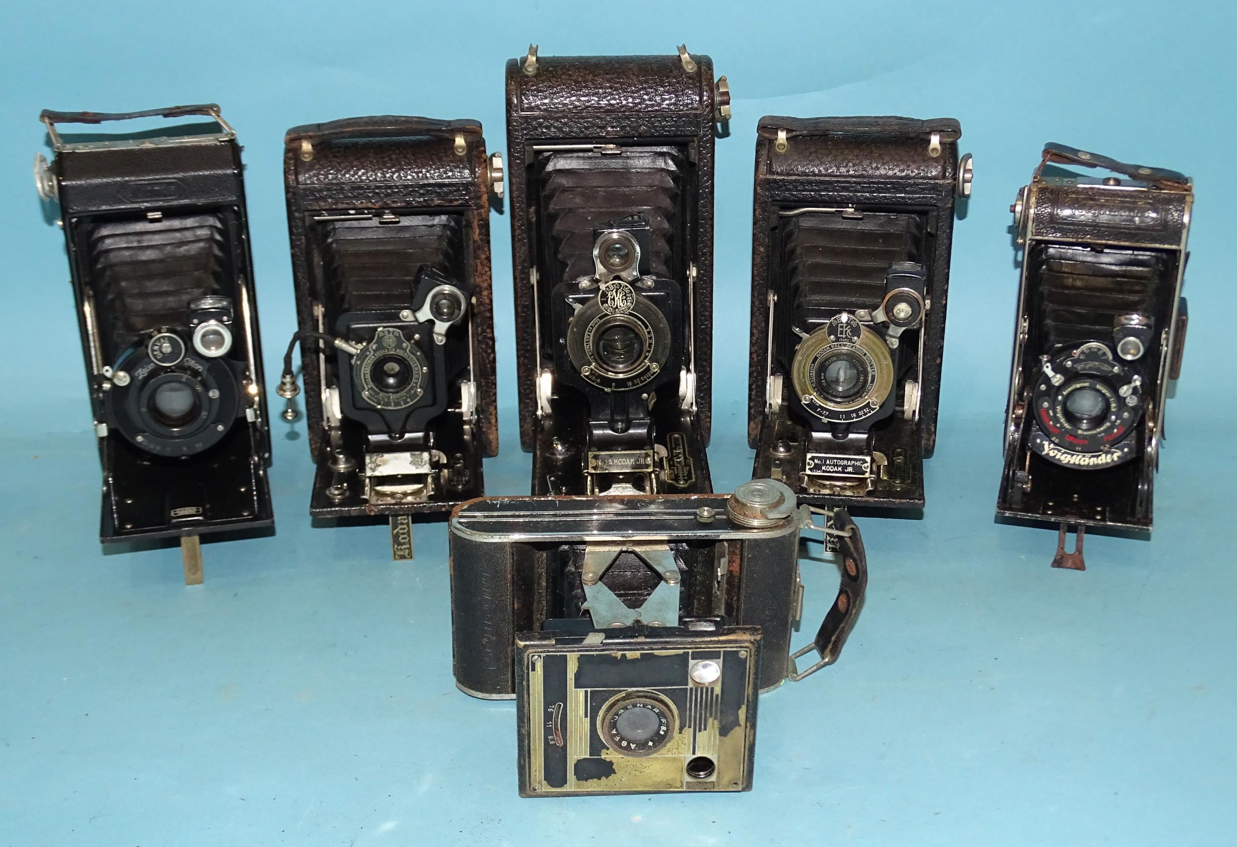Six pocket folding cameras: Kodak 1, 1A, 3A, Zeiss Ikon, Voightländer, etc, (some a/f), three with