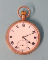 A 9ct-rose-gold-cased top-wind pocket watch, the white enamel dial with Roman numerals and seconds