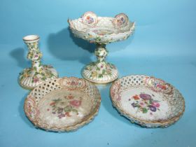 A pair of 19th century Meissen porcelain pierced and encrusted dishes, a similar comport (a/f) and a