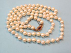 A string of 99 uniform cultured pearls, each approximately 7mm diameter, with Victorian clasp set
