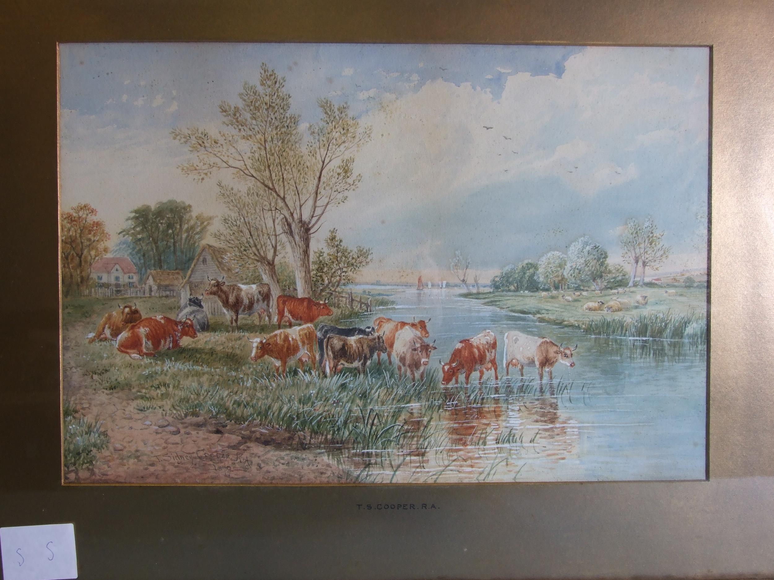 Follower of Thomas Sydney Cooper CATTLE DRINKING FROM A RIVER WITH COTTAGES BEYOND Watercolour, - Image 2 of 5