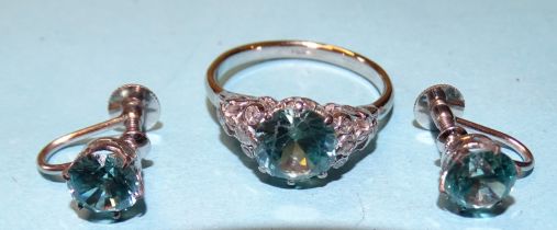 A blue zircon and diamond ring, the claw and millegrain-set stone in 18ct white gold mount, size