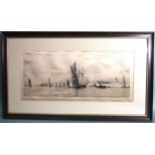 After William Wyllie, a print on silk depicting a Continental river scene with various vessels and