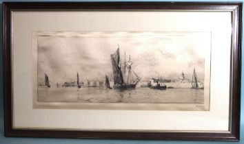 After William Wyllie, a print on silk depicting a Continental river scene with various vessels and
