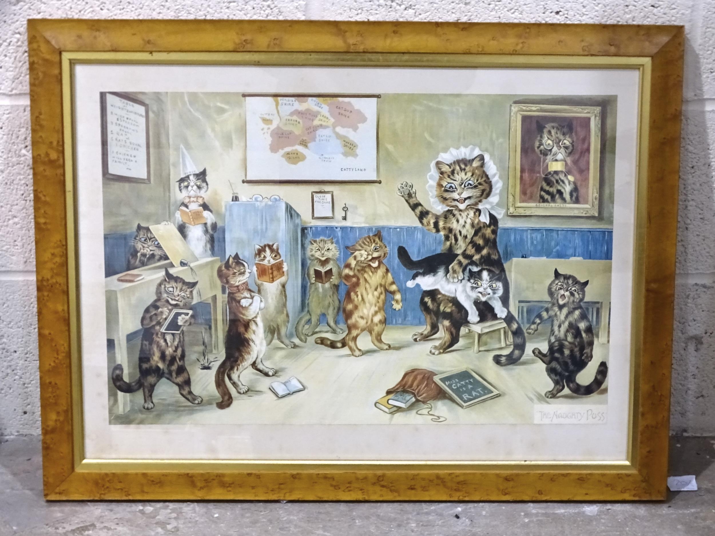 A coloured lithographic print after Louis Wain, "The Naughty Puss", in maple frame, image 40 x 61cm, - Image 2 of 3