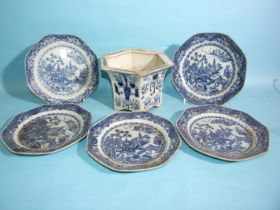 A set of five 18th century Nankin porcelain plates, (2 a/f) and a hexagonal Chinese blue and white