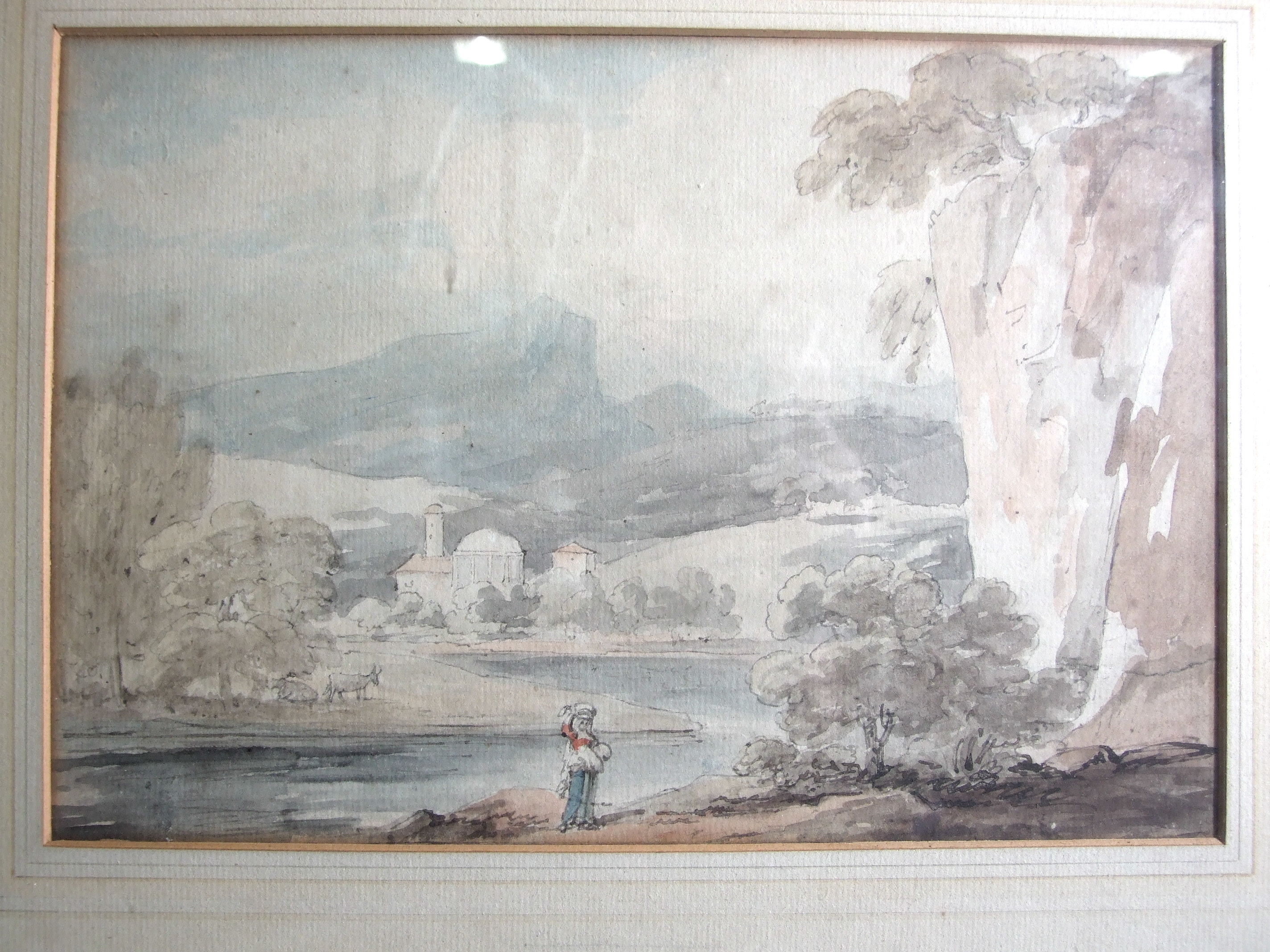 19th century Continental School ITALIAN TOWN WITH LAKES AND MOUNTAINS BEHIND Watercolour, 21.5 x