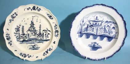 A late-18th century English creamware plate with landscape decoration and a similar pearlware