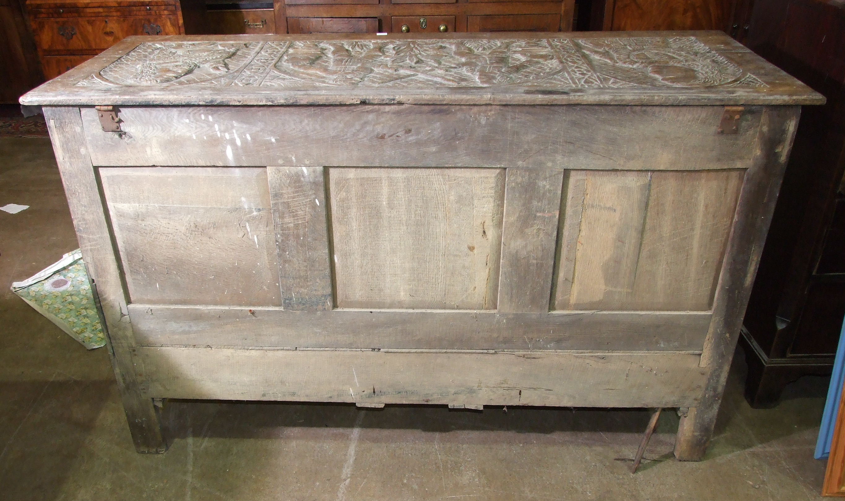 A large carved oak mule chest fitted with drawers beneath, 153.5 x 54.5cm, 95cm high. - Image 3 of 5