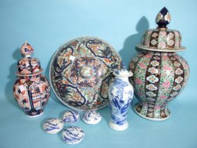 A large Japanese 'Imari'-style vase and cover, a smaller 19th century example, an 18th century Imari