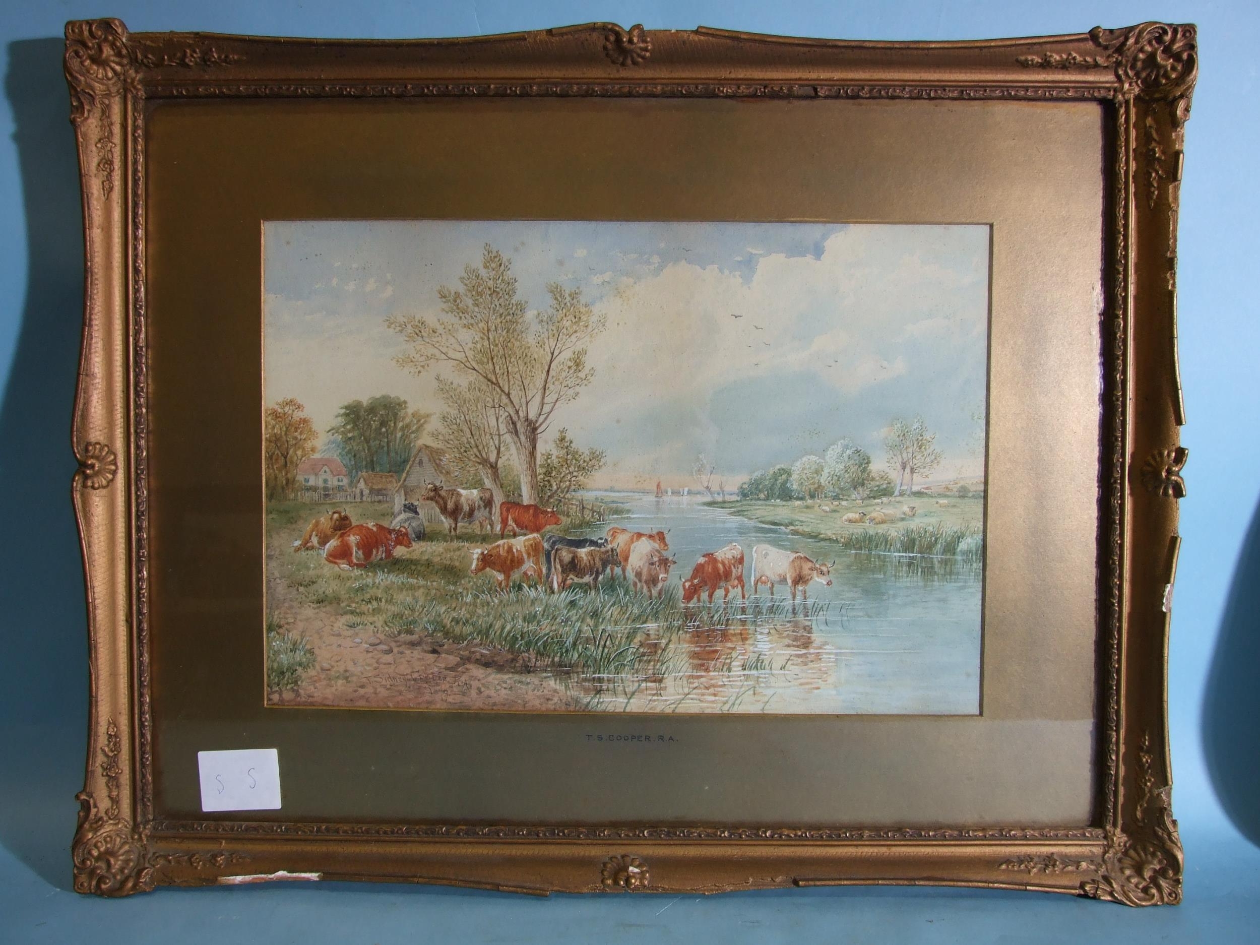 Follower of Thomas Sydney Cooper CATTLE DRINKING FROM A RIVER WITH COTTAGES BEYOND Watercolour,
