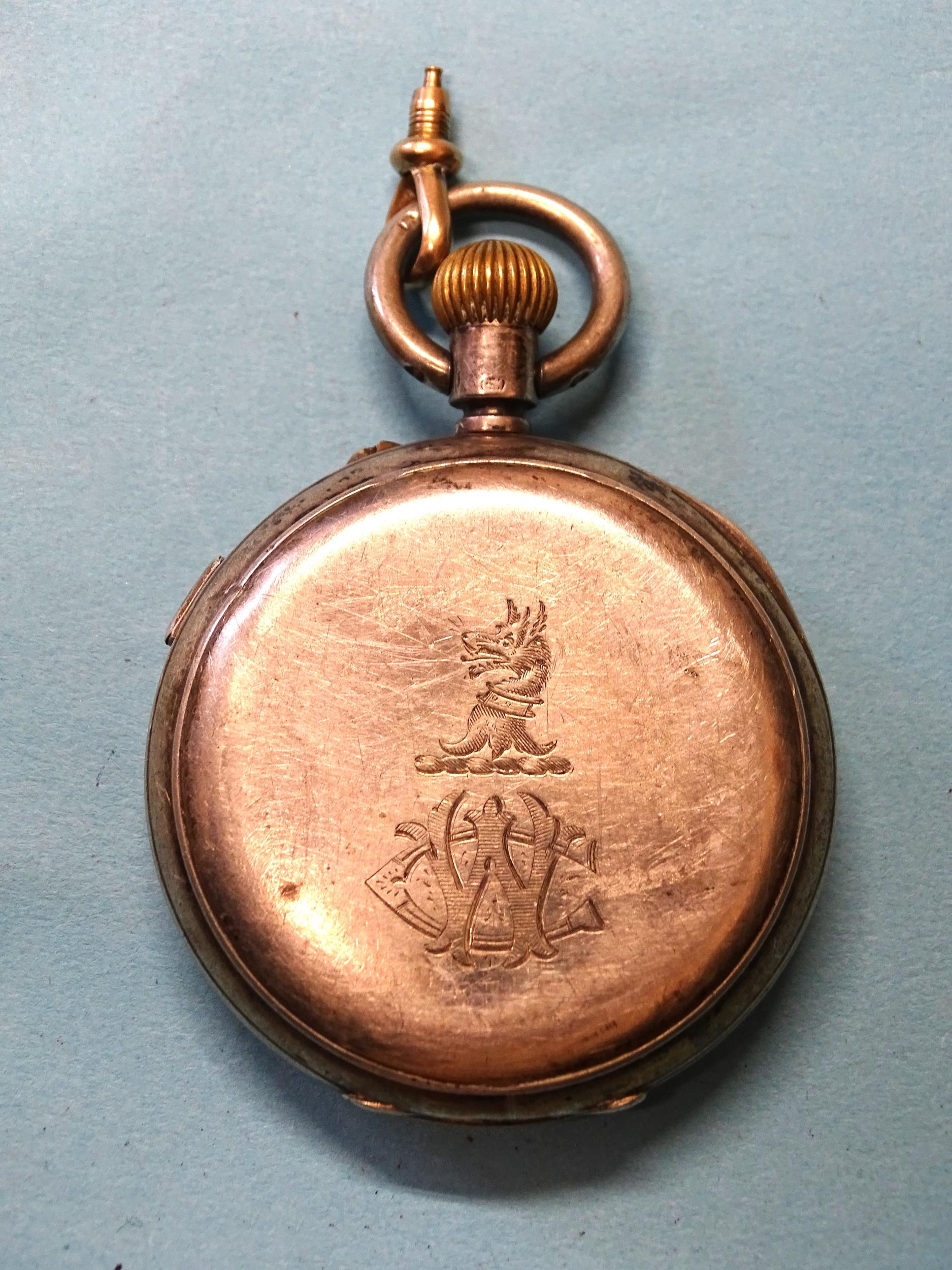 A silver-cased keyless lever chronograph centre-seconds pocket watch, the white enamel dial with - Image 2 of 2
