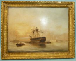N Condy HULKS, POSSIBLY AT PLYMOUTH, WITH NUMEROUS FIGURES AND JOLLY BOATS Oil on board, bears