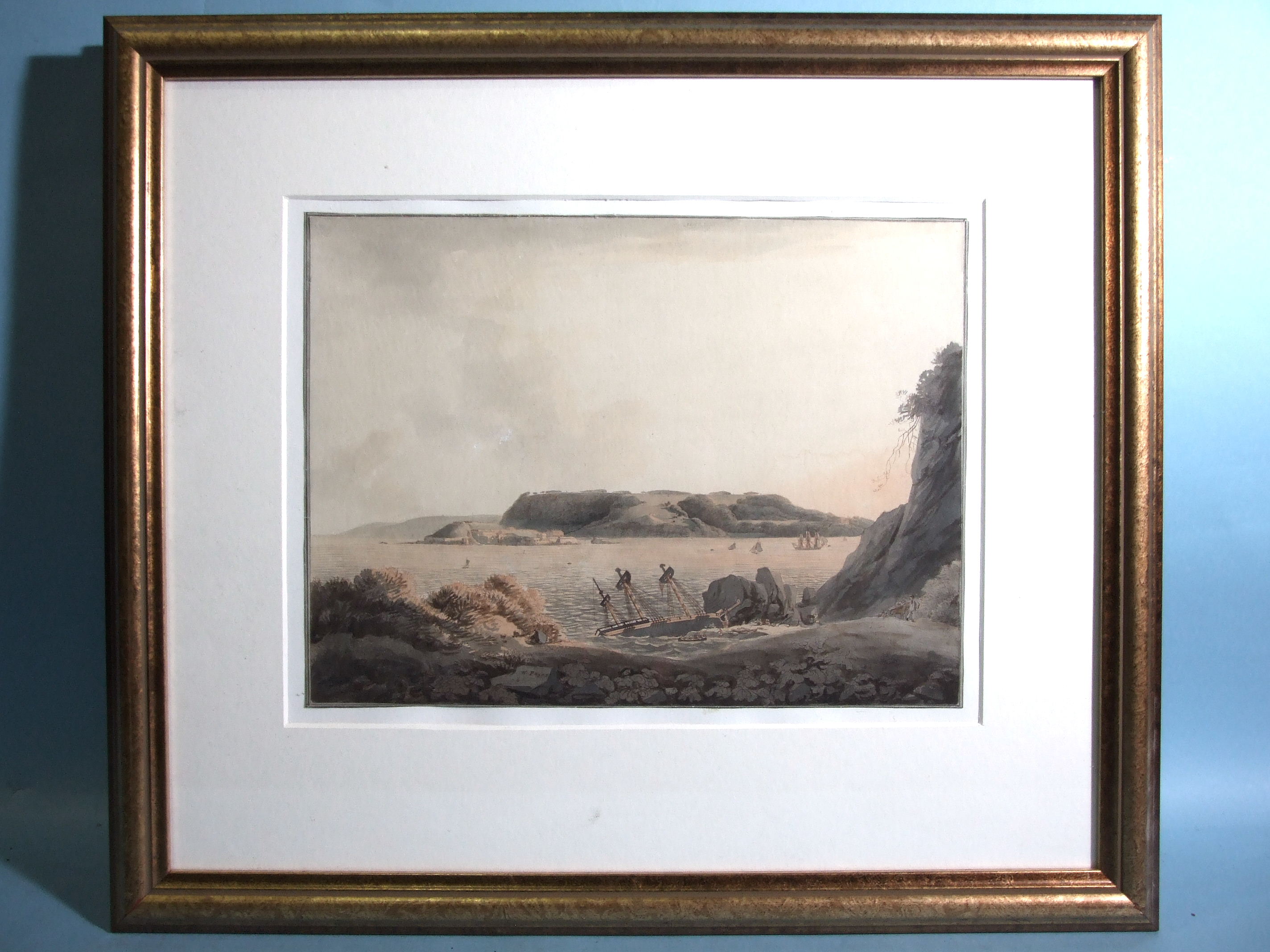 William Payne (1760-1830) VIEW ACROSS ST NICHOLAS ISLAND TO MOUNT EDGCUMBE Watercolour with etching, - Image 3 of 3