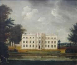 18th century English School COUNTRY MANOR HOUSE IN GROUNDS WITH LAKE, SEATED FIGURE, DOG AND SWANS