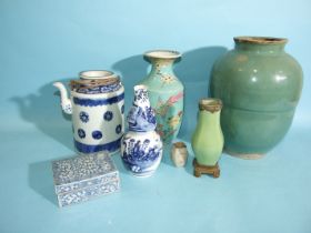 A turquoise-glazed stoneware jar, a bird-decorated famille rose vase and five other pieces, (7).