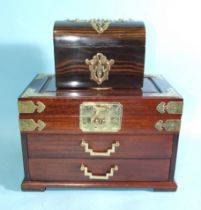 A 19th century coromandel wood domed two-division tea caddy with brass mounts, 17.5 x 13cm and a