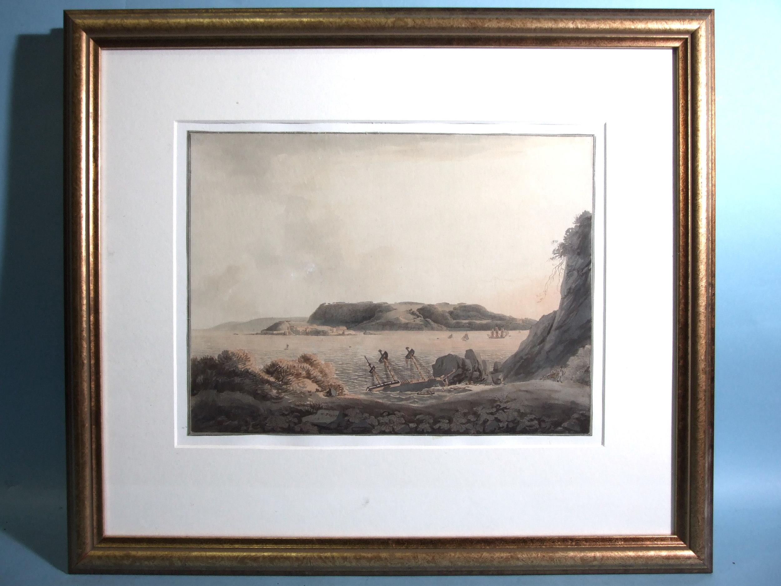 William Payne (1760-1830) VIEW ACROSS ST NICHOLAS ISLAND TO MOUNT EDGCUMBE Watercolour with etching, - Image 2 of 3