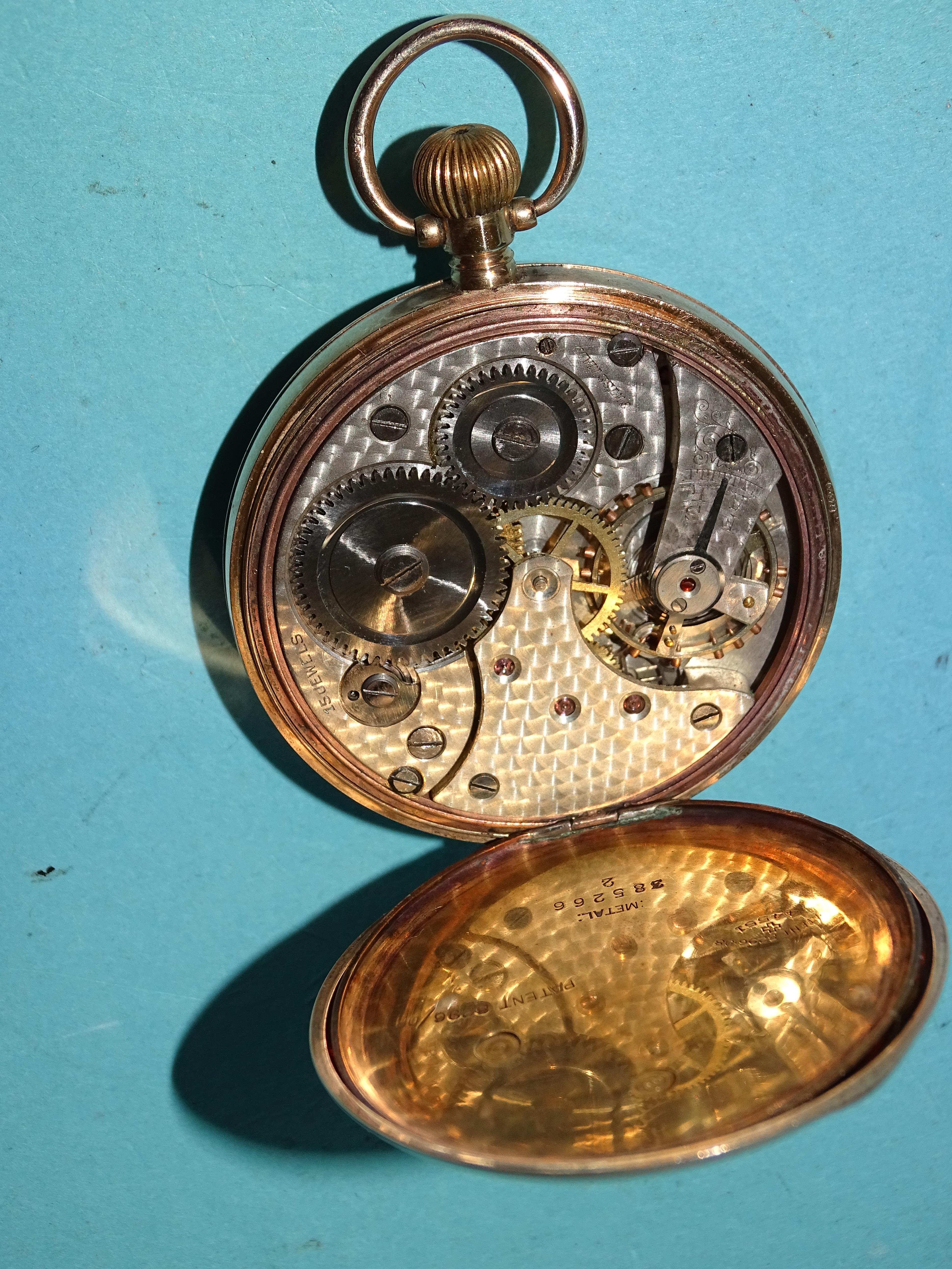 A 9ct-gold-cased top-wind pocket watch, the white enamel dial with Roman numerals and seconds - Image 3 of 3