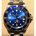 Rolex, a bi-metal Submariner Oyster Perpetual Date bracelet wrist watch ref: 16613, the blue dial