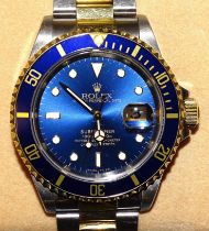 Rolex, a bi-metal Submariner Oyster Perpetual Date bracelet wrist watch ref: 16613, the blue dial