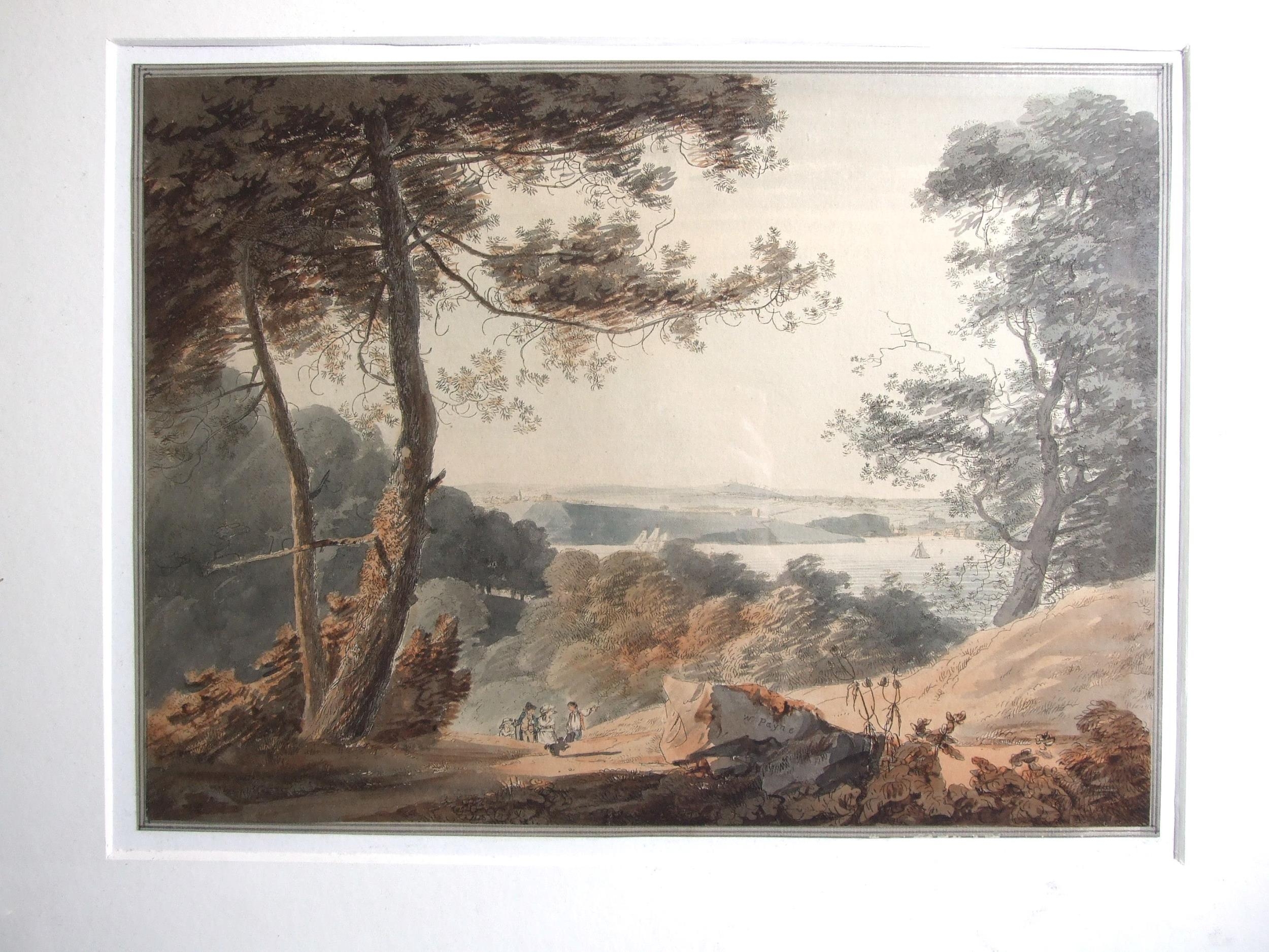 William Payne (1760-1830) VIEW FROM MOUNT EDGCUMBE WITH FIGURES ON A TRACK Watercolour with etching,