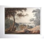 William Payne (1760-1830) VIEW FROM MOUNT EDGCUMBE WITH FIGURES ON A TRACK Watercolour with etching,