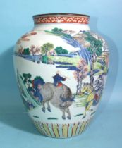 A 20th century Chinese Wucai-style famille verte baluster vase decorated with landscapes, mounted