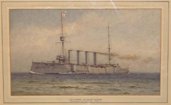 Alma Claude Burlton Cull (1880-1931) HMS DRAKE AT SEA Signed watercolour, dated /11, inscribed on