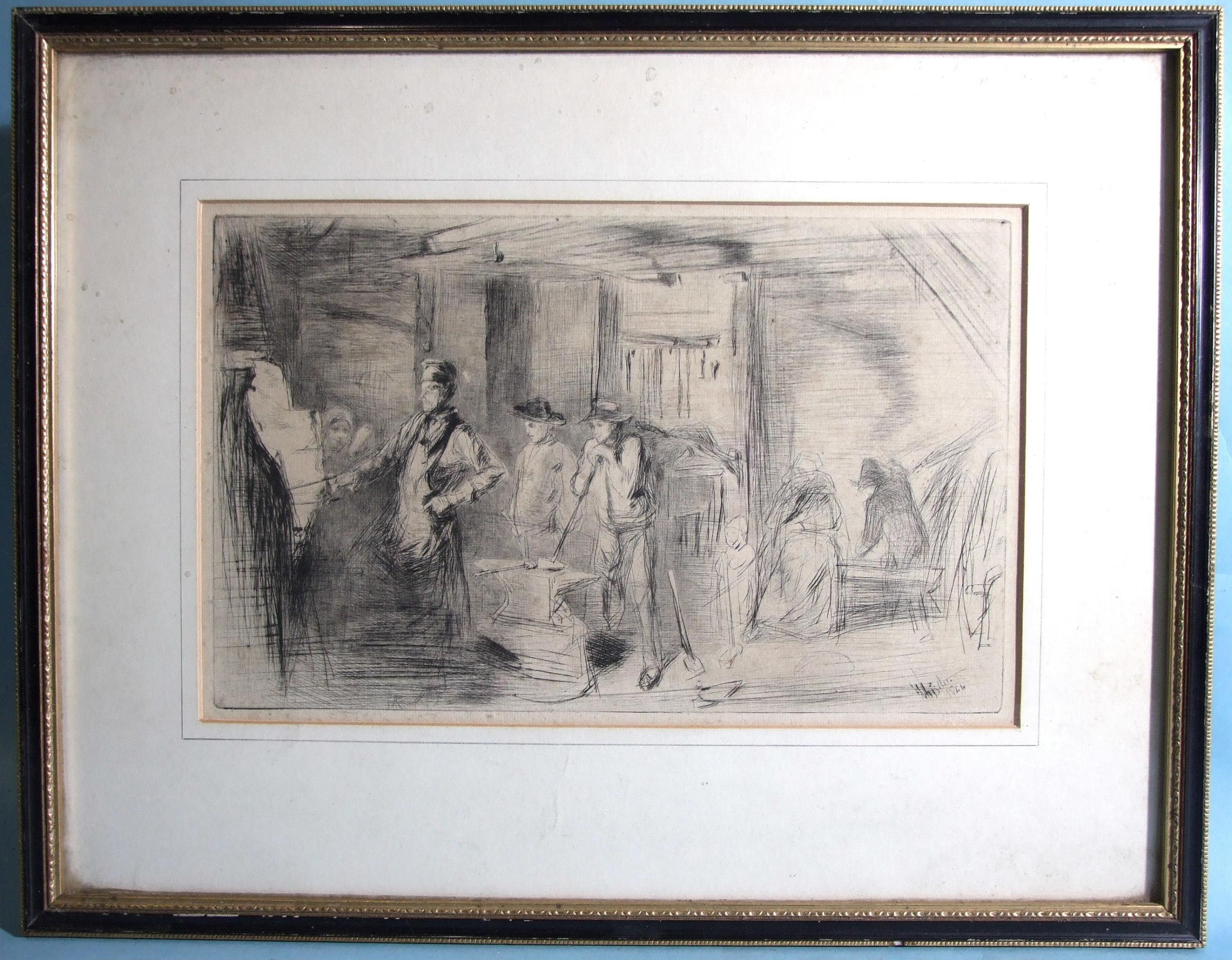 After James Abbott McNeill Whistler RBA (1834-1903), "The Forge", etching, 20 x 32.5cm.