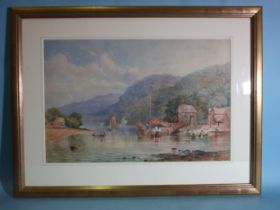 F Browning FIGURES AND COTTAGES BY A RIVER, POSSIBLY THE DART Signed watercolour, indistinctly-dated