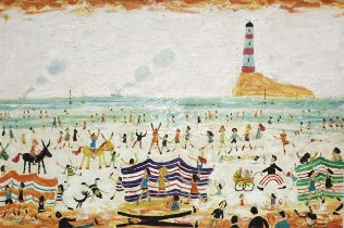 Simeon Stafford (b. 1956) GWITHIAN LIGHTHOUSE WITH NUMEROUS FIGURES ON THE BEACH Signed oil on