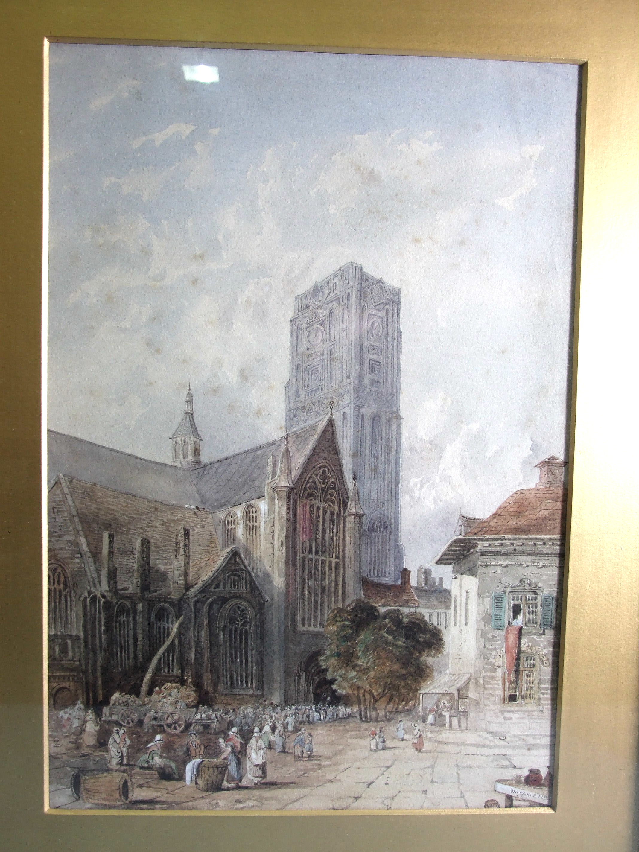 W Searle (British, 19th century) FIGURES OUTSIDE A CONTINENTAL CATHEDRAL CHURCH Signed - Image 7 of 9