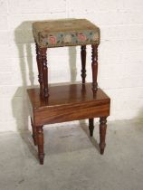 A 19th century mahogany stool with Victorian needlework upholstery, on turned legs, 40cm wide,