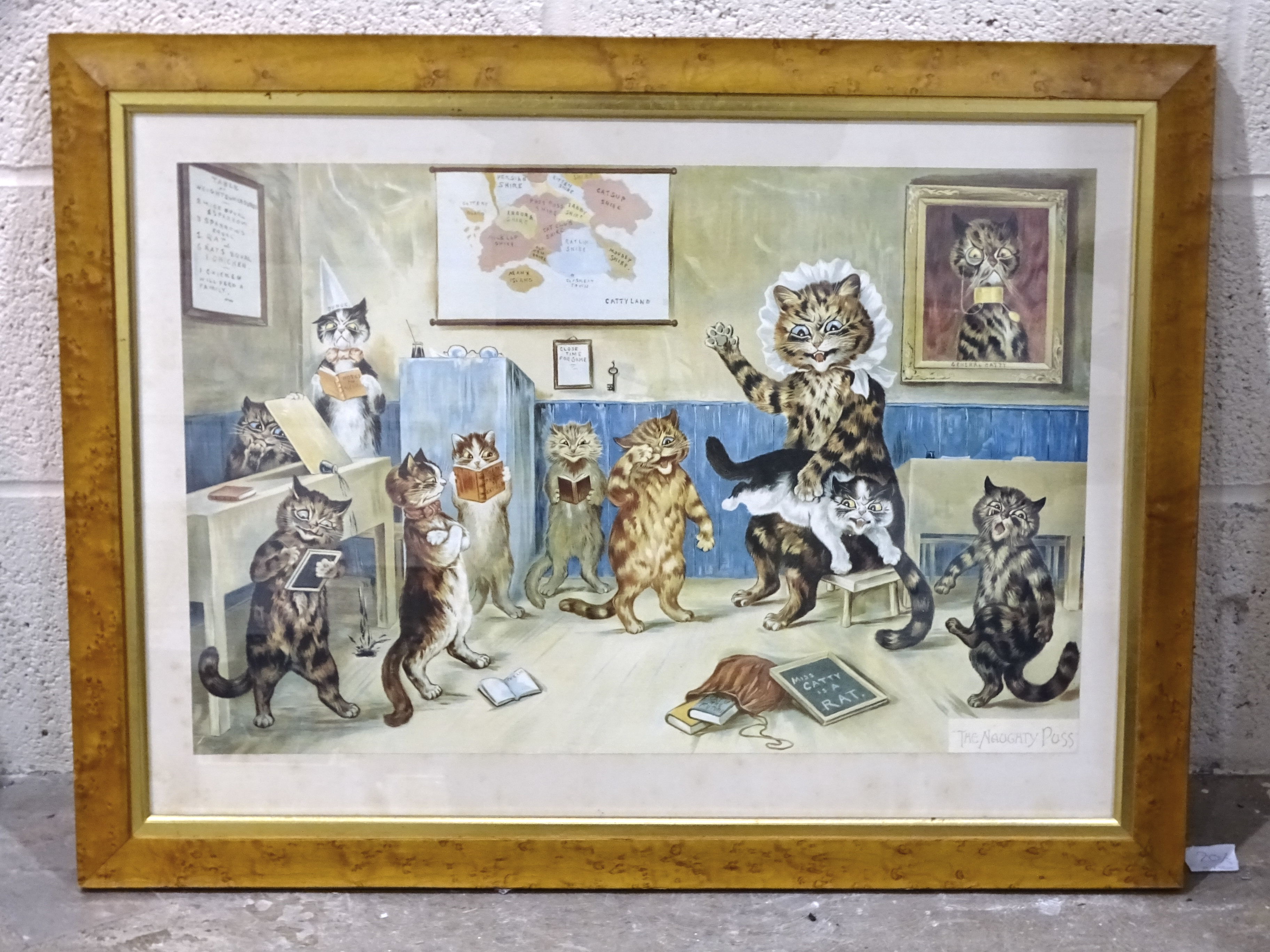 A coloured lithographic print after Louis Wain, "The Naughty Puss", in maple frame, image 40 x 61cm, - Image 3 of 3