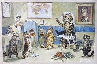 A coloured lithographic print after Louis Wain, "The Naughty Puss", in maple frame, image 40 x 61cm,