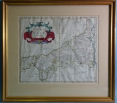 A Robert Morden hand-coloured map "Cornwall", 37 x 44cm.