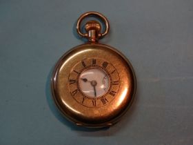A Record Watch Co. gold-plated half-Albert top-wind pocket watch, the white enamel dial with