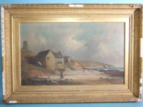 William Gibbons (1841-1886) WEMBURY BEACH WITH WATERMILL AND CHURCH BEYOND Signed oil on canvas,
